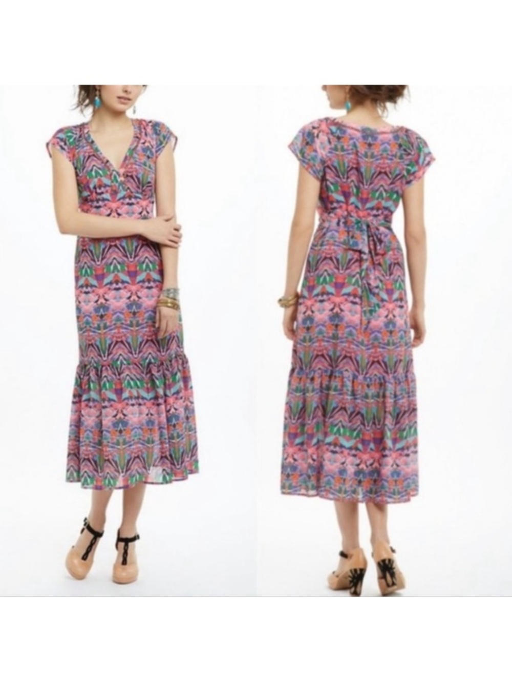 Anthro Vanessa Virginia | Boho Pink Green Abstract Dress